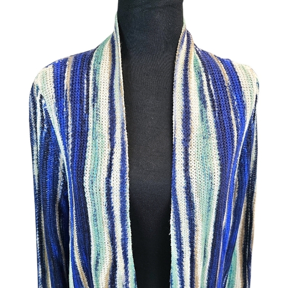 NWT Chico's Boho Linen Broken Stripe Cocoon Sweater Cardigan Medium Blue Cozy - Picture 6 of 16
